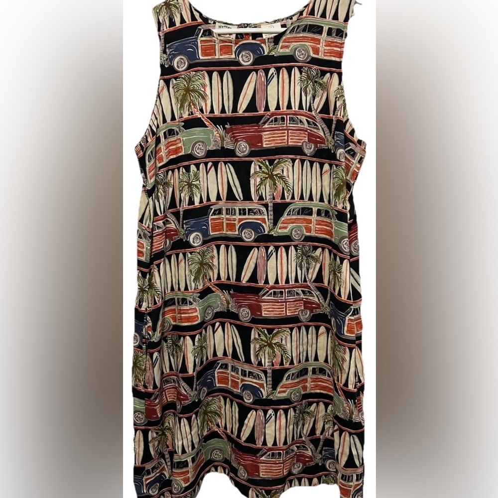 Weekend Clothes Line Dress L Woody Cars & Surfboards Print Rayon Sleeveless Mini